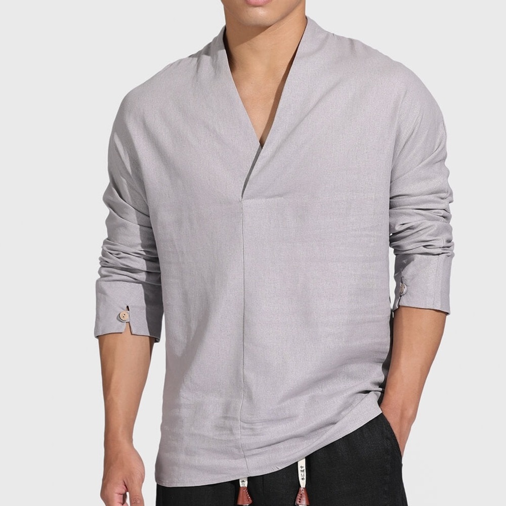 Kidoriman Shinu Long Sleeve Linen Blend Shirt in Gray Size US 2XL (Japan 4XL)